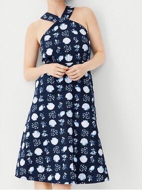 Ann Taylor Navy blue seashell and lemon print Midi Dress